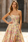 Floral Yellow and Pink A Line Strapless Long Corset Prom Dress with Slit