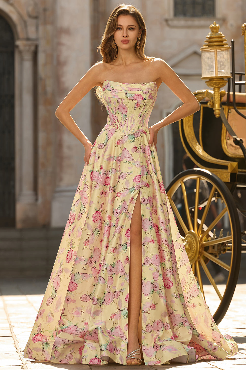 Floral Yellow and Pink A Line Strapless Long Corset Prom Dress with Slit