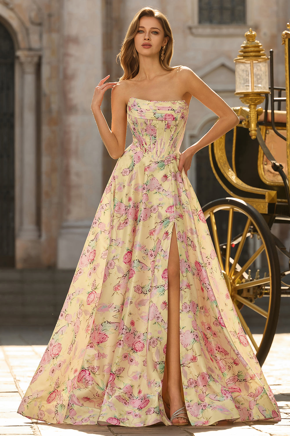 Floral Yellow and Pink A Line Strapless Long Corset Prom Dress with Slit