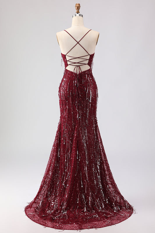 Sparkly Burgundy Mermaid Sequins Long Prom Dress with Slit