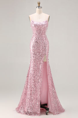Sparkly Pink Sequins Mermaid Long Prom Dress with Slit