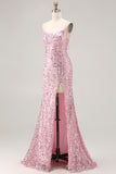 Sparkly Pink Sequins Mermaid Long Prom Dress with Slit