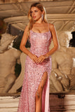Sparkly Pink Fringed Spaghetti Straps Sequins Long Prom Dress with Slit