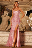 Sparkly Pink Fringed Spaghetti Straps Sequins Long Prom Dress with Slit