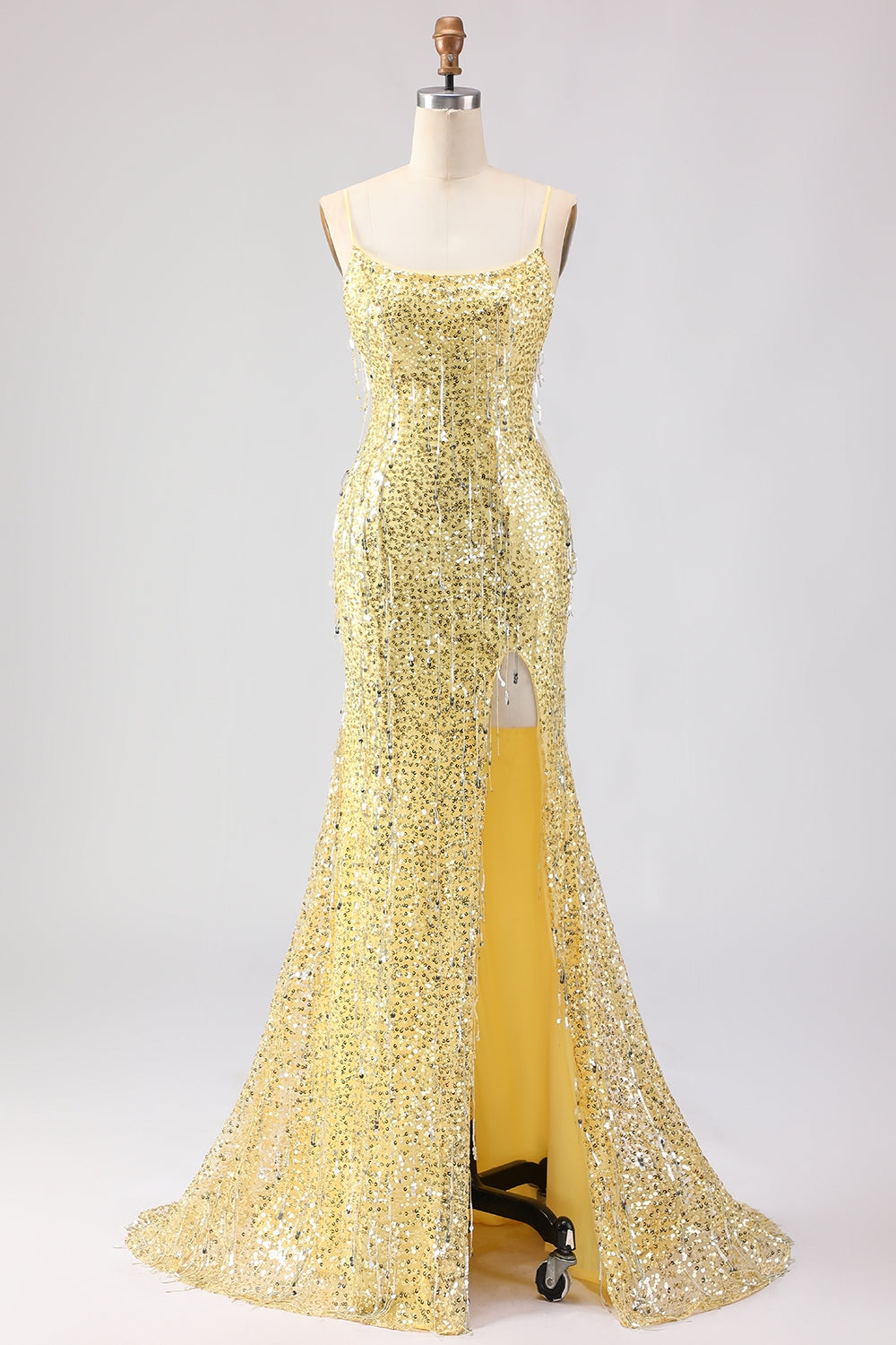 Sparkly Yellow Sequins Spaghetti Straps Long Prom Dress with Slit