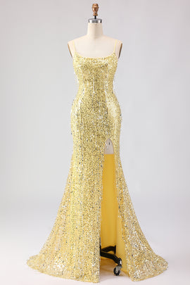 Sparkly Yellow Sequins Spaghetti Straps Long Prom Dress with Slit