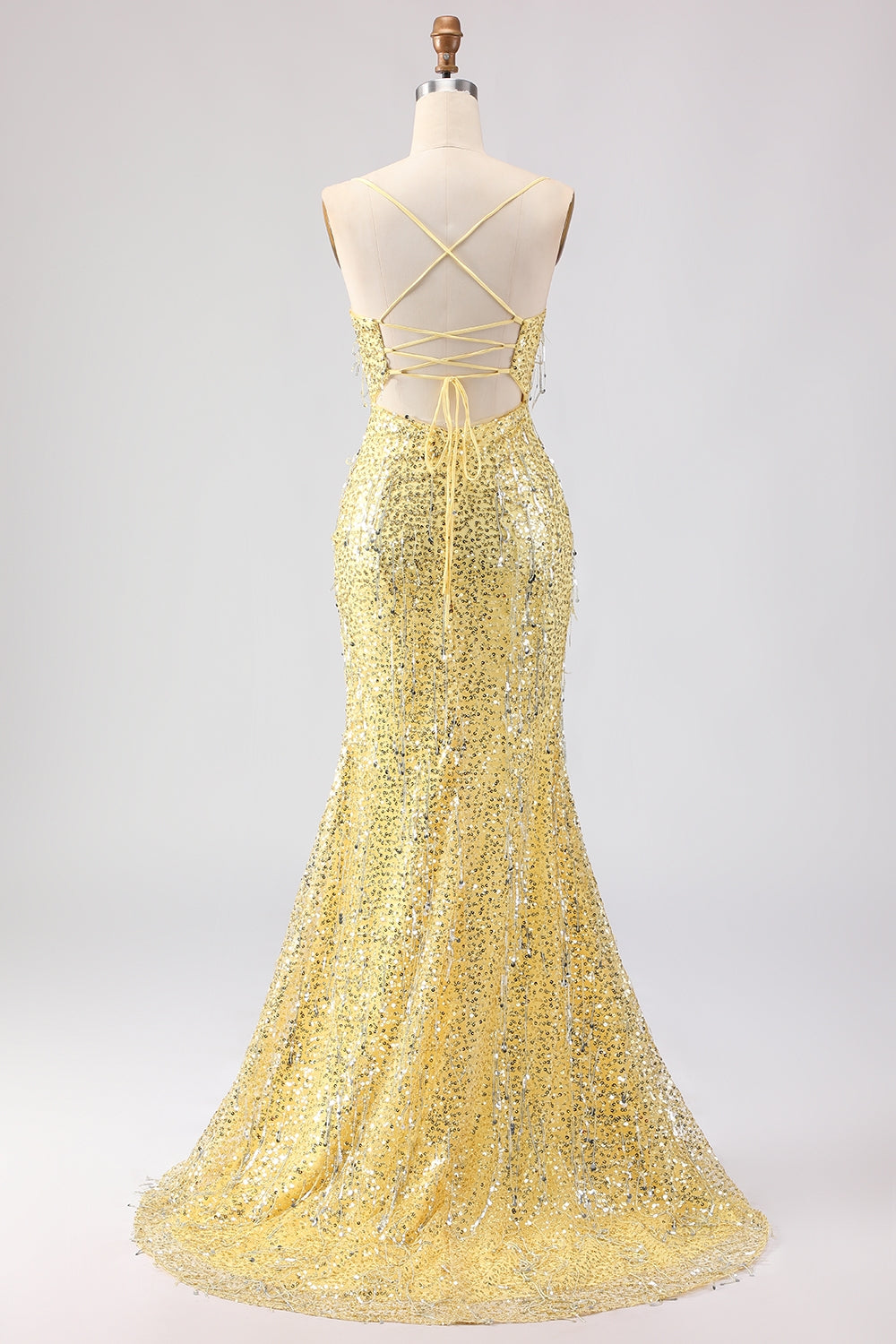 Sparkly Yellow Sequins Spaghetti Straps Long Prom Dress with Slit