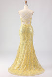 Sparkly Yellow Sequins Spaghetti Straps Long Prom Dress with Slit