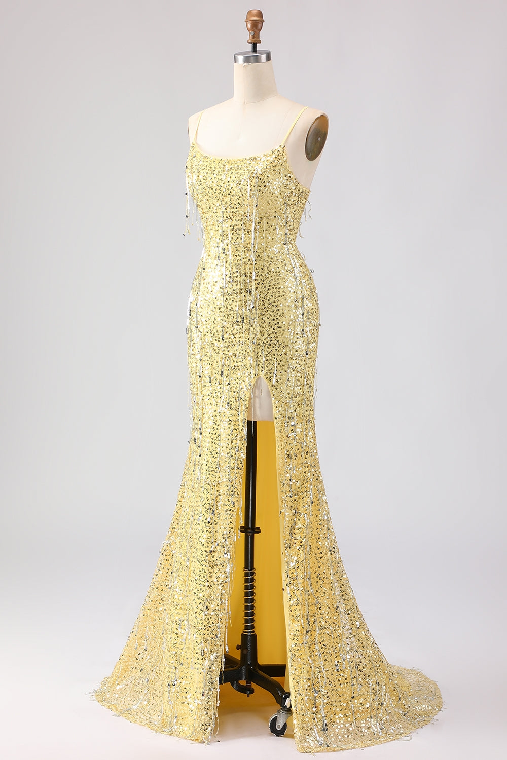 Sparkly Yellow Sequins Spaghetti Straps Long Prom Dress with Slit