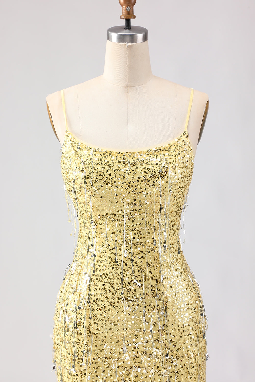 Sparkly Yellow Sequins Spaghetti Straps Long Prom Dress with Slit