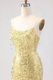 Sparkly Yellow Sequins Spaghetti Straps Long Prom Dress with Slit