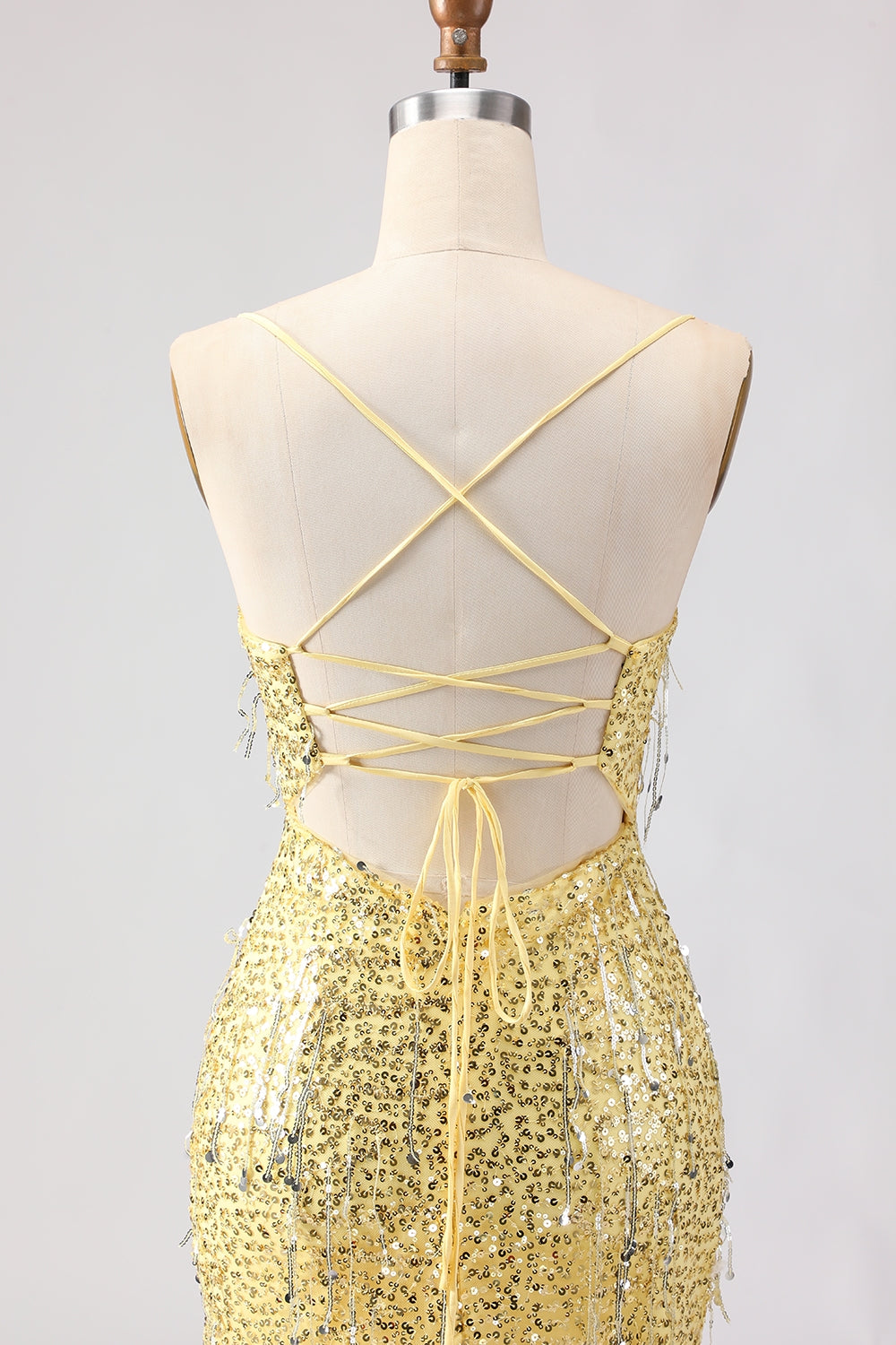 Sparkly Yellow Sequins Spaghetti Straps Long Prom Dress with Slit