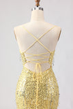 Sparkly Yellow Sequins Spaghetti Straps Long Prom Dress with Slit