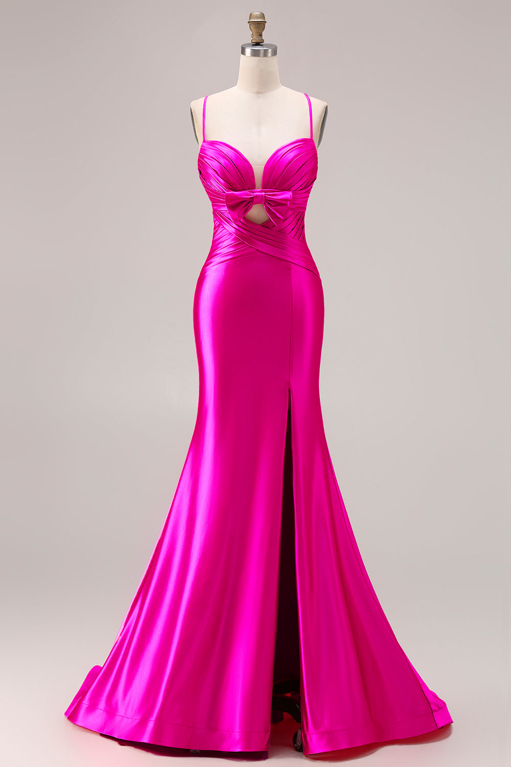Fuchsia Satin Mermaid Spaghetti Straps Long Prom Dress with Slit