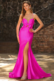 Fuchsia Mermaid Spaghetti Straps Satin Long Prom Dress with Bow