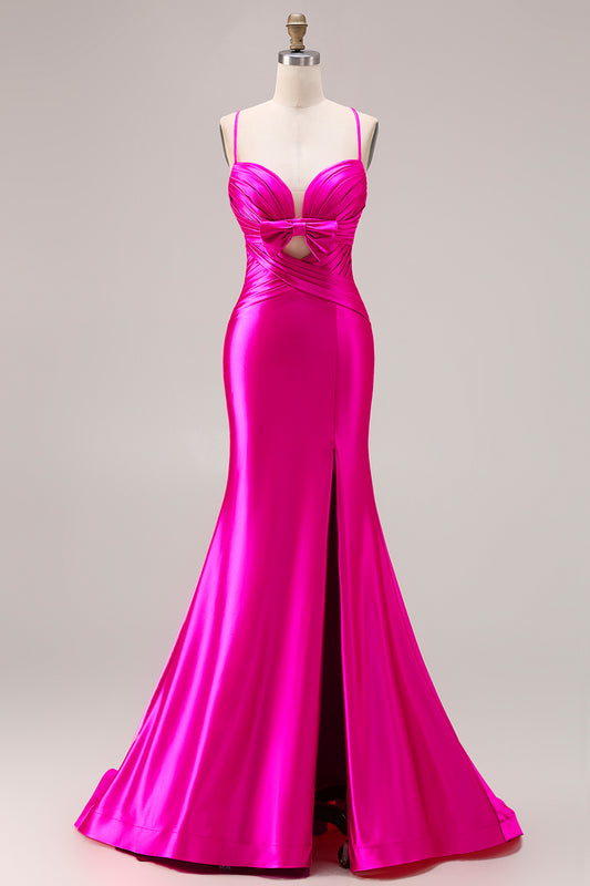 Fuchsia Satin Mermaid Spaghetti Straps Long Prom Dress with Slit