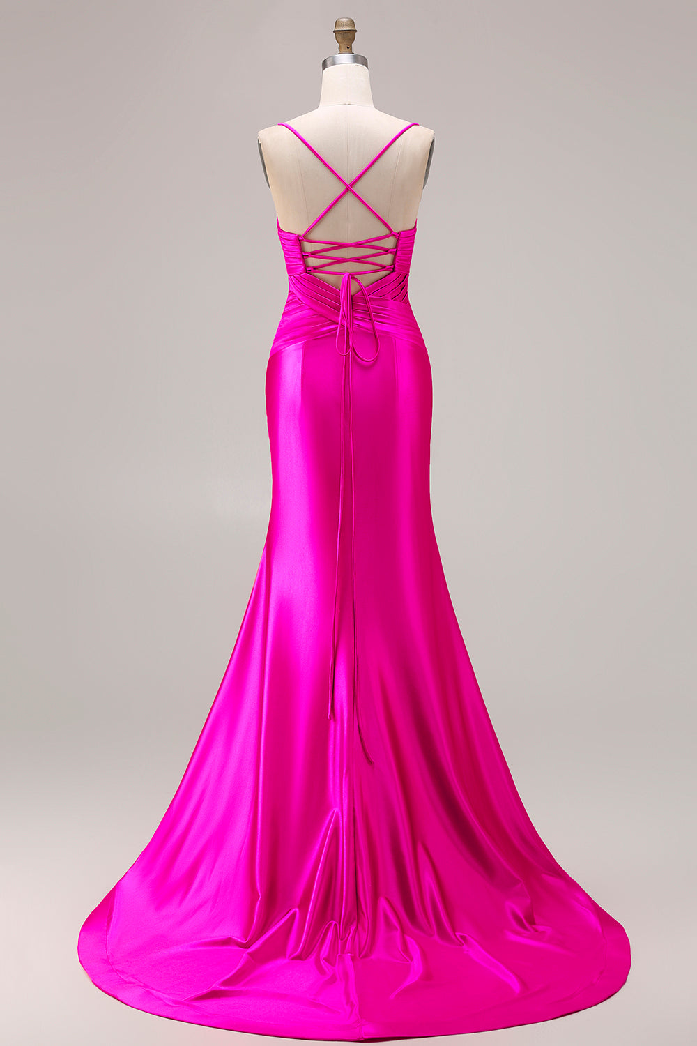 Fuchsia Satin Mermaid Spaghetti Straps Long Prom Dress with Slit