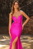 Fuchsia Mermaid Spaghetti Straps Satin Long Prom Dress with Bow