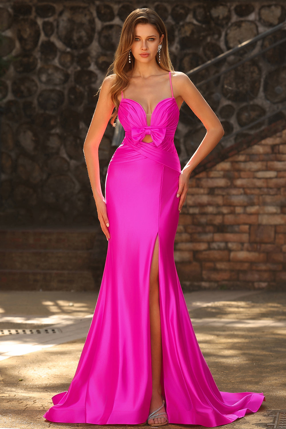 Fuchsia Mermaid Spaghetti Straps Satin Long Prom Dress with Bow