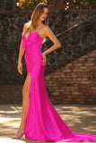 Fuchsia Mermaid Spaghetti Straps Satin Long Prom Dress with Bow
