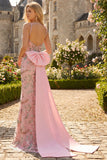 Sparkly Pink Floral Lace V Neck Mermaid Long Prom Dress with Slit