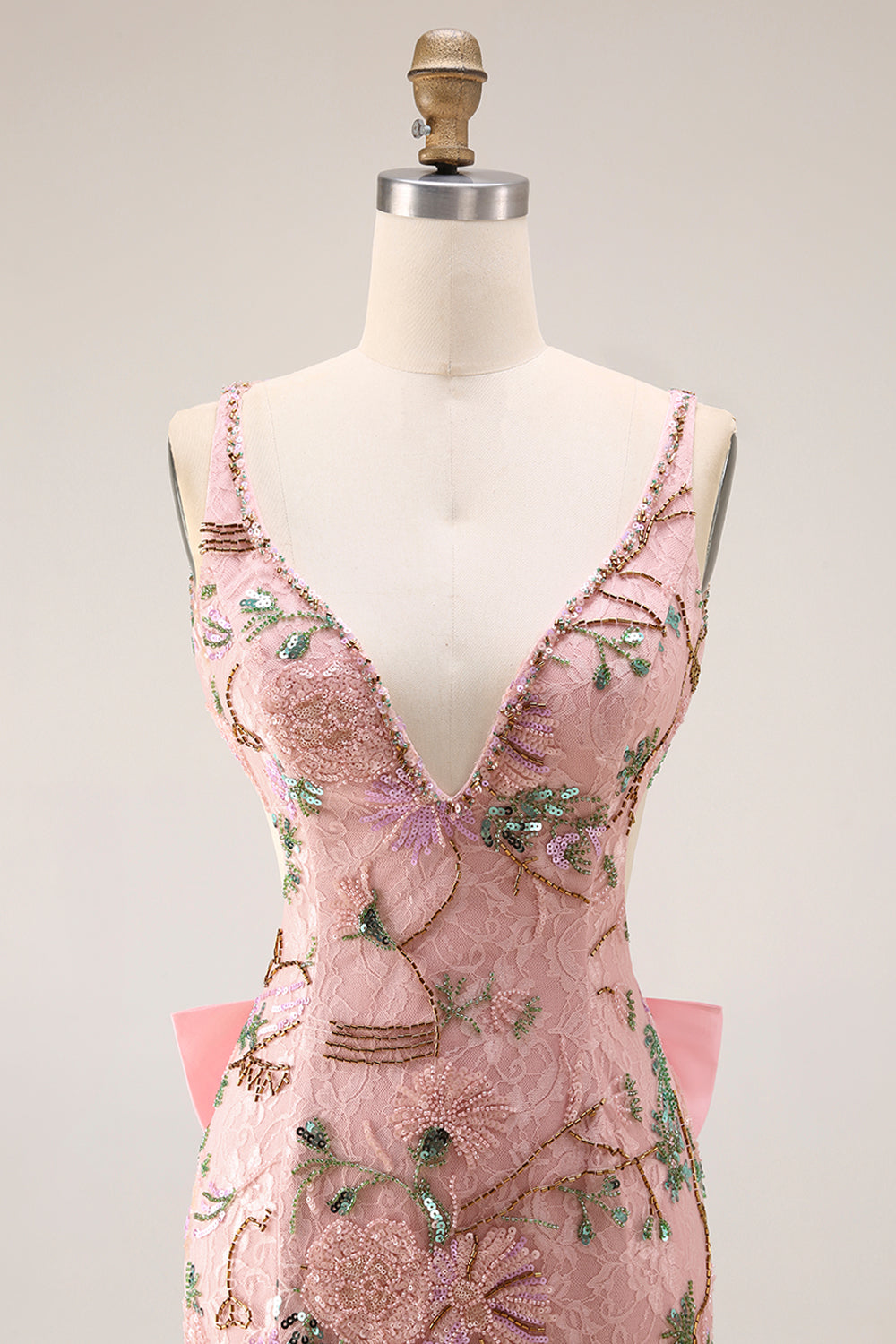 Sparkly Pink Floral Lace V Neck Mermaid Long Prom Dress with Slit