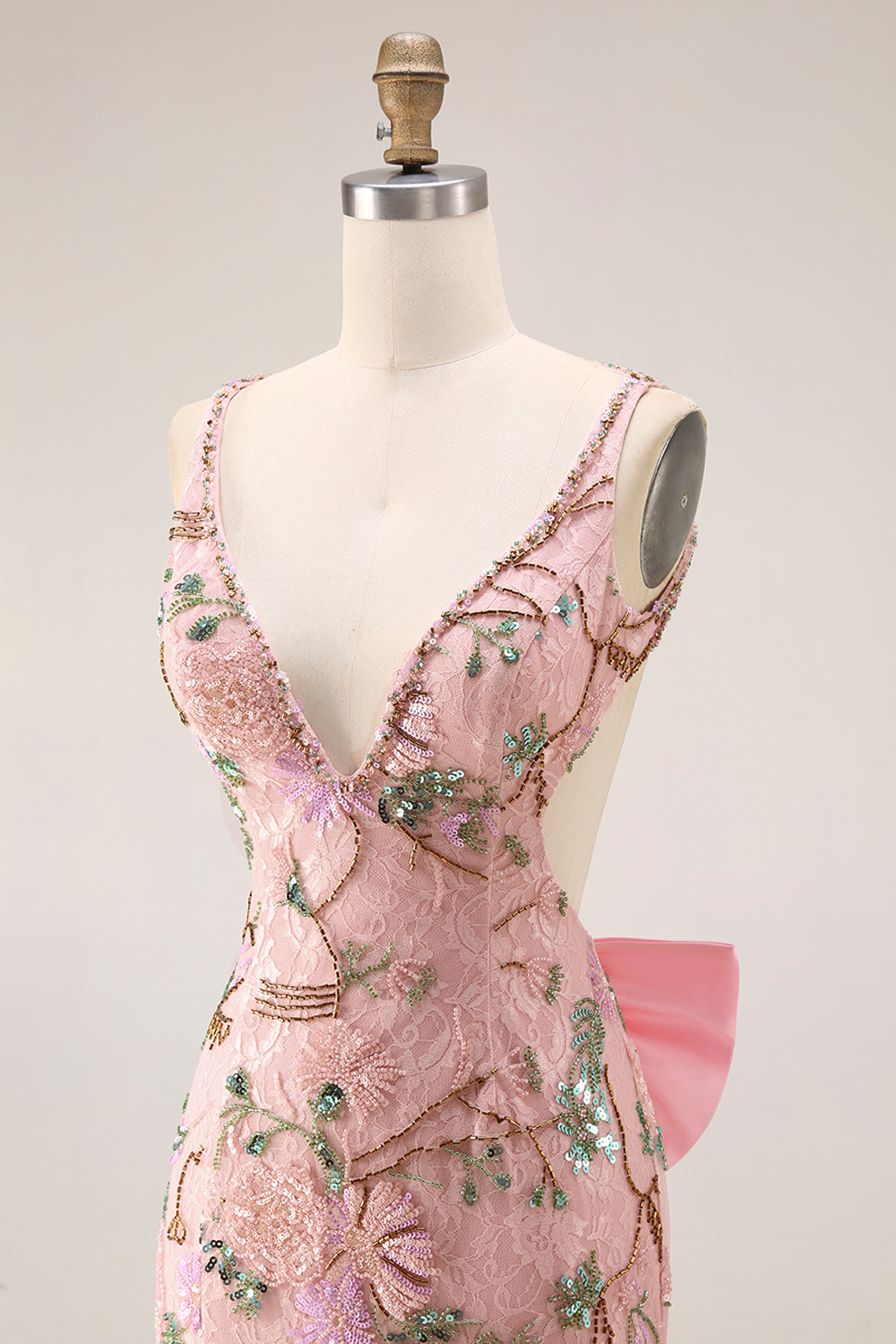 Sparkly Pink Floral Lace V Neck Mermaid Long Prom Dress with Slit