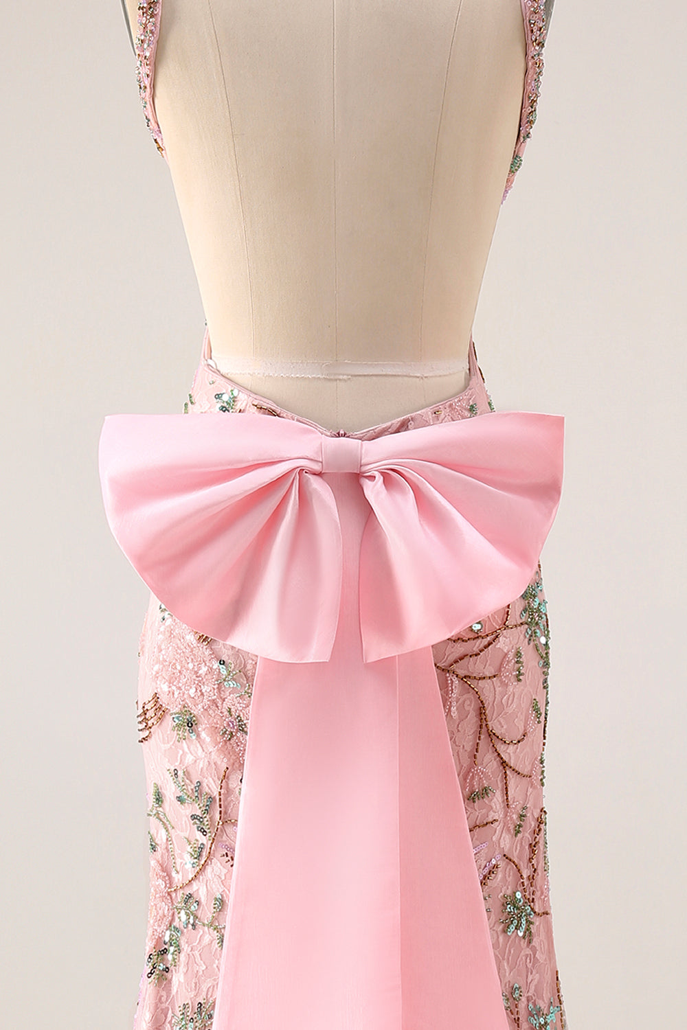 Sparkly Pink Floral Lace V Neck Mermaid Long Prom Dress with Slit