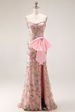 Sparkly Pink Floral Strapless Mermaid Long Lace Beaded Prom Dress with Slit