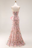 Sparkly Pink Floral Strapless Mermaid Long Lace Beaded Prom Dress with Slit