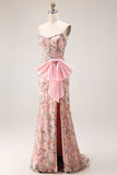 Sparkly Pink Floral Strapless Mermaid Long Lace Beaded Prom Dress with Slit