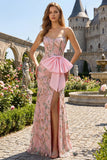 Sparkly Pink Floral Strapless Mermaid Long Lace Beaded Prom Dress with Slit