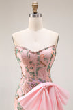 Sparkly Pink Floral Strapless Mermaid Long Lace Beaded Prom Dress with Slit