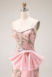 Sparkly Pink Floral Strapless Mermaid Long Lace Beaded Prom Dress with Slit