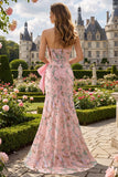 Sparkly Pink Floral Strapless Mermaid Long Lace Beaded Prom Dress with Slit