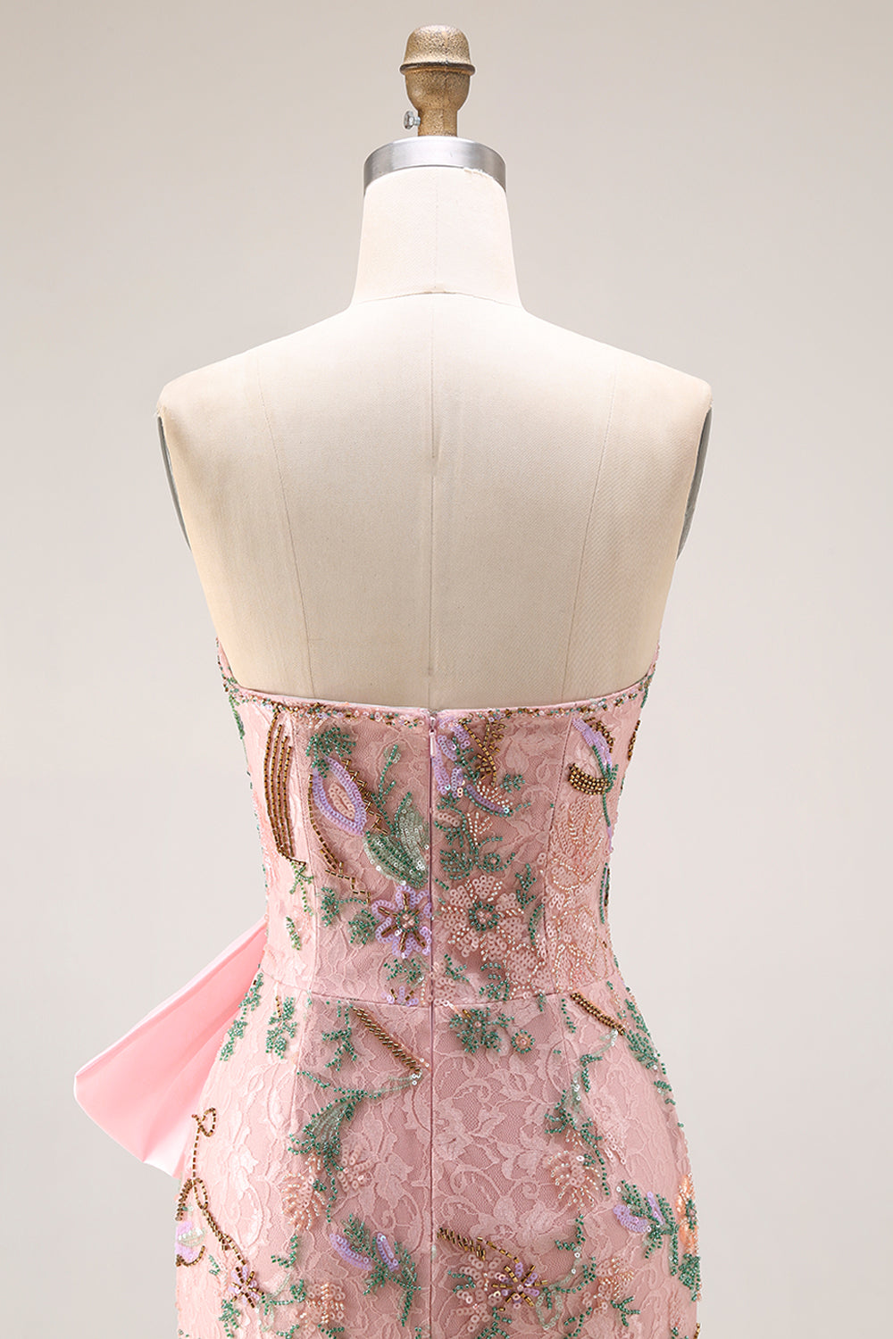 Sparkly Pink Floral Strapless Mermaid Long Lace Beaded Prom Dress with Slit