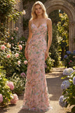 Blush Floral V Neck Mermaid Corset Long Prom Dress with Appliques
