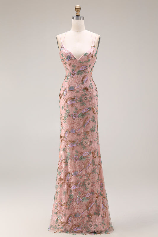 Blush Floral V Neck Mermaid Corset Long Prom Dress with Appliques