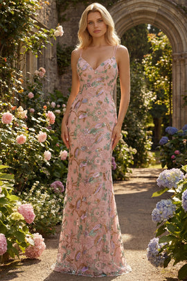 Blush Floral Spaghetti Straps Mermaid Corset Long Lace Prom Dress