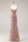 Blush Floral V Neck Mermaid Corset Long Prom Dress with Appliques
