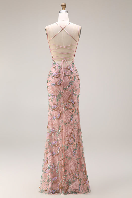 Blush Floral V Neck Mermaid Corset Long Prom Dress with Appliques