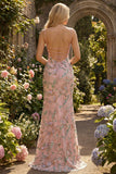 Blush Floral Spaghetti Straps Mermaid Corset Long Lace Prom Dress