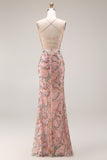 Blush Floral V Neck Mermaid Corset Long Prom Dress with Appliques