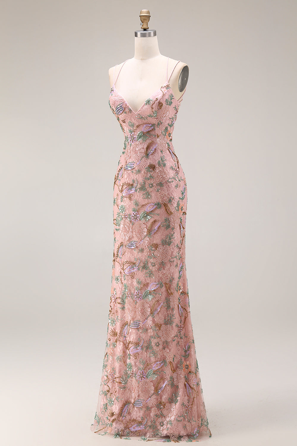 Blush Floral V Neck Mermaid Corset Long Prom Dress with Appliques