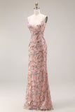 Blush Floral Spaghetti Straps Mermaid Corset Long Lace Prom Dress