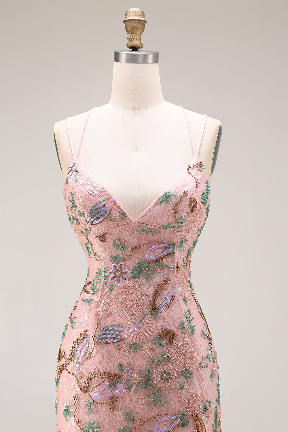 Blush Floral Spaghetti Straps Mermaid Corset Long Lace Prom Dress