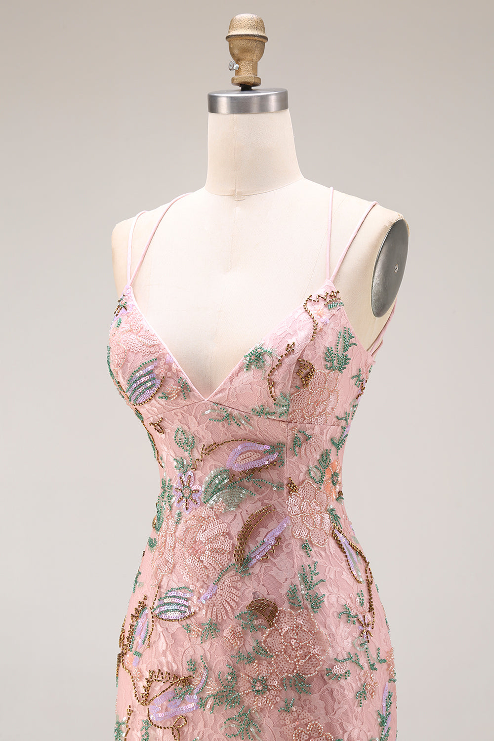 Blush Floral V Neck Mermaid Corset Long Prom Dress with Appliques