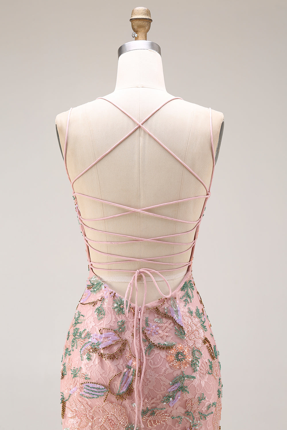 Blush Floral V Neck Mermaid Corset Long Prom Dress with Appliques