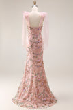 Sparkly Floral Pink Lace Thick Straps Long Mermaid Prom Dress with Slit