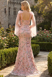 Sparkly Floral Pink Lace Thick Straps Long Mermaid Prom Dress with Slit